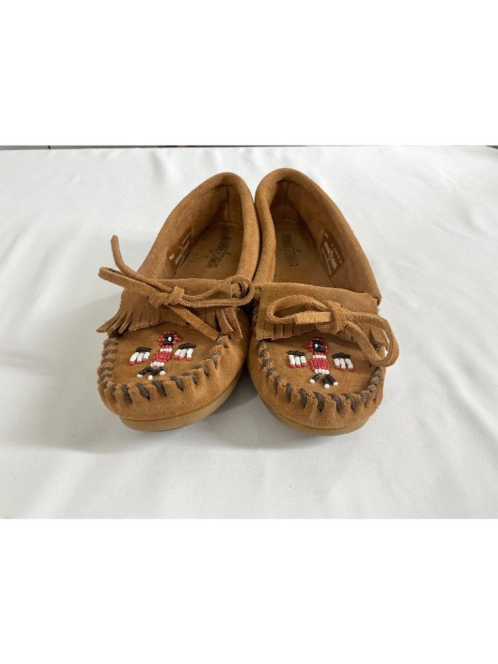 Minnetonka Women's Thunderbird Suede Leather Moccasins Beaded Fringe Tan Size 6 - Picture 8 of 15